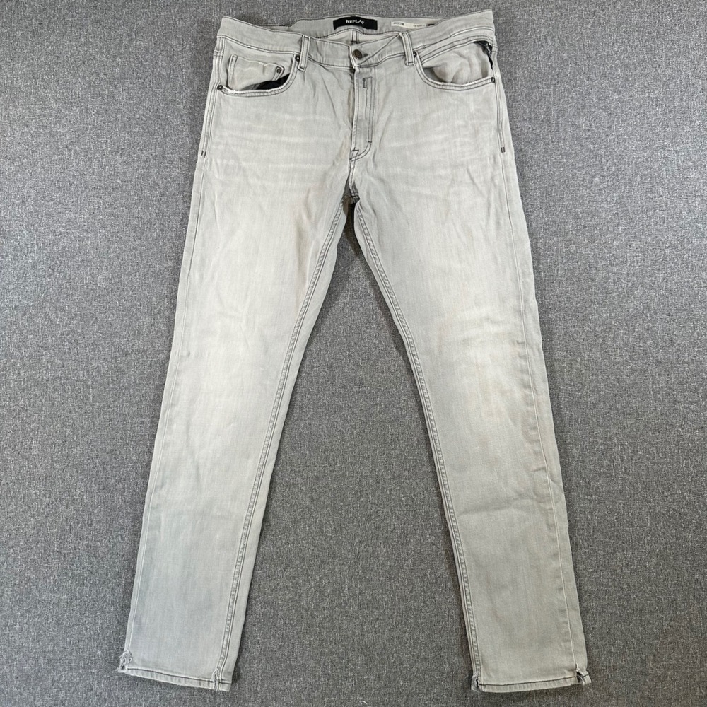 Replay Jeans Mens 36 MICKYM Slim Tapered Fit Light Grey Distressed Denim GOOD